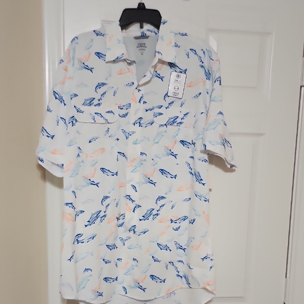 Izod Saltwatee Men's White and Blue Dolphin Print Shirt